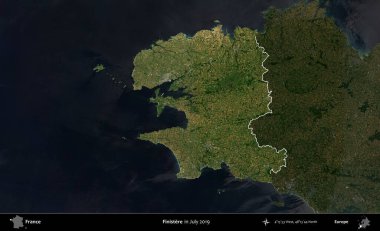 Finistere. Fransa 'nın idari alanı, Temmuz 2019' da çekilen Kopernik Nöbetçi karolarından oluşan koyu renkli bir uydu görüntüsüyle vurgulandı ve özetlendi.