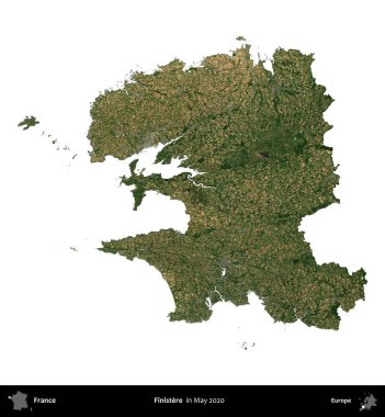 Finistere. Fransa 'nın idari bölgesi, Mayıs 2020' de çekilen Kopernik Nöbetçi karolarından oluşan bir uydu görüntüsüyle beyaza izole edildi.