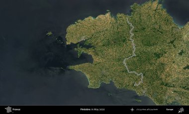 Finistere. Mayıs 2020 'de çekilen Copernicus Sentinel karolarından oluşan bir uydu görüntüsünde Fransa' nın idari bölgesinin ana hatları belirlendi.