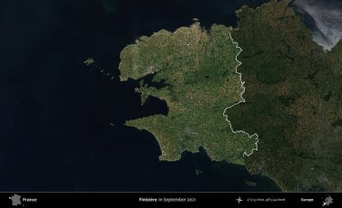 Finistere. Fransa 'nın idari alanı, Eylül 2021' de çekilen Kopernik Sentinel karolarından oluşan koyu renkli bir uydu görüntüsü üzerinde vurgulandı ve özetlendi.