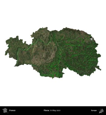 Florac. Fransa 'nın idari bölgesi, Mayıs 2021' de çekilen Kopernik Nöbetçi karolarından oluşan bir uydu görüntüsüyle beyaza izole edildi.