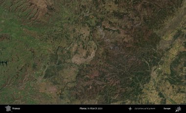 Florac. Copernicus Sentinel 'in Mart 2021' de çekilmiş uydu görüntüsü üzerine Fransa 'nın idari bölgesi.