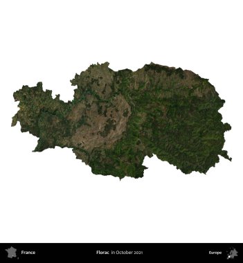 Florac. Fransa 'nın idari bölgesi, Ekim 2021' de çekilen Kopernik Nöbetçi karolarından oluşan bir uydu görüntüsüyle beyaza izole edildi.