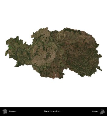 Florac. Fransa 'nın idari bölgesi, Nisan 2022' de çekilen Kopernik Nöbetçi karolarından oluşan bir uydu görüntüsüyle beyaza izole edildi.