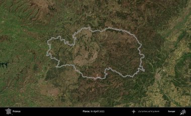 Florac. Nisan 2022 'de çekilen Copernicus Sentinel karolarından oluşan bir uydu görüntüsünde Fransa' nın idari bölgesinin ana hatları belirlendi.