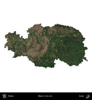 Florac. Fransa 'nın idari bölgesi, Temmuz 2022' de çekilen Kopernik Nöbetçi karolarından oluşan bir uydu görüntüsüyle beyaza izole edildi.