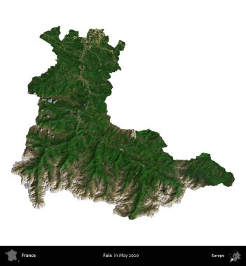 Foix. Fransa 'nın idari bölgesi, Mayıs 2020' de çekilen Kopernik Nöbetçi karolarından oluşan bir uydu görüntüsüyle beyaza izole edildi.