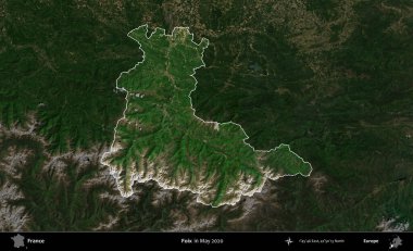 Foix. Fransa 'nın idari alanı, Mayıs 2020' de çekilen Kopernik Nöbetçi karolarından oluşan koyu renkli bir uydu görüntüsü üzerinde vurgulandı ve özetlendi.