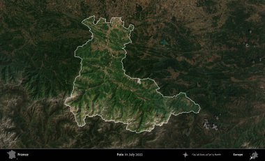 Foix. Fransa 'nın idari alanı, Temmuz 2022' de çekilen Kopernik Nöbetçi karolarından oluşan koyu renkli bir uydu görüntüsüyle vurgulandı ve özetlendi.