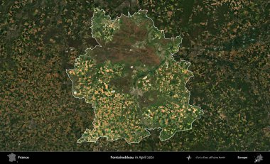 Fontainebleau. Fransa 'nın idari alanı, Nisan 2021' de çekilen Kopernik Sentinel karolarından oluşan koyu renkli bir uydu görüntüsü üzerinde vurgulandı ve özetlendi.