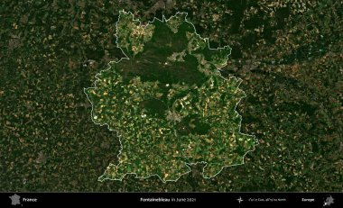 Fontainebleau. Fransa 'nın idari alanı, Haziran 2021' de çekilen Kopernik Sentinel karolarından oluşan koyu renkli bir uydu görüntüsü üzerinde vurgulandı ve özetlendi.