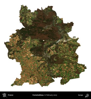 Fontainebleau. Fransa 'nın idari bölgesi, Şubat 2023' te çekilen Kopernik Nöbetçi karolarından oluşan bir uydu görüntüsüyle beyaza izole edildi.