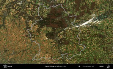 Fontainebleau. Copernicus Sentinel 'in Şubat 2023' te çekilen uydu görüntüsünde Fransa 'nın idari bölgesinin ana hatları belirlendi.