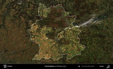 Fontainebleau. Fransa 'nın idari alanı, Şubat 2023' te çekilen Kopernik Nöbetçi karolarından oluşan koyu renkli bir uydu görüntüsü üzerinde vurgulandı ve özetlendi.
