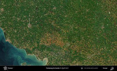 Fontenay-le-Comte. Nisan 2017 'de Copernicus Sentinel karolarından oluşan bir uydu görüntüsü üzerine Fransa' nın idari bölgesi