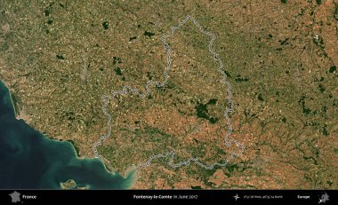 Fontenay-le-Comte. Haziran 2017 'de çekilen Copernicus Sentinel karolarından oluşan bir uydu görüntüsü üzerine Fransa' nın idari bölgesinin ana hatlarını belirledik.