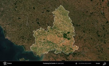 Fontenay-le-Comte. Fransa 'nın idari alanı, Haziran 2017' de çekilen Kopernik Sentinel karolarından oluşan koyu renkli bir uydu görüntüsü üzerinde vurgulandı ve özetlendi.