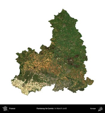 Fontenay-le-Comte. Fransa 'nın idari bölgesi, Mart 2018' de çekilen Kopernik Nöbetçi karolarından oluşan bir uydu görüntüsüyle beyaza izole edildi.