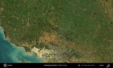 Fontenay-le-Comte. Copernicus Sentinel 'in Mart 2018' de çekilmiş uydu görüntüsü üzerine Fransa 'nın idari bölgesi.