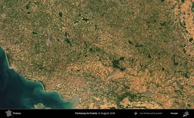 Fontenay-le-Comte. Copernicus Sentinel 'in Ağustos 2018' de çekilmiş uydu görüntüsü üzerine Fransa 'nın idari bölgesi.