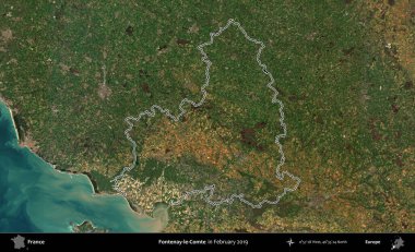 Fontenay-le-Comte. Copernicus Sentinel 'in Şubat 2019' da çekilen uydu görüntüsünde Fransa 'nın idari bölgesinin ana hatları belirlendi.
