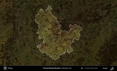 Forbach-Boulay-Moselle. Fransa 'nın idari alanı, Şubat 2021' de çekilen Kopernik Sentinel karolarından oluşan koyu renkli bir uydu görüntüsü üzerinde vurgulandı ve özetlendi.
