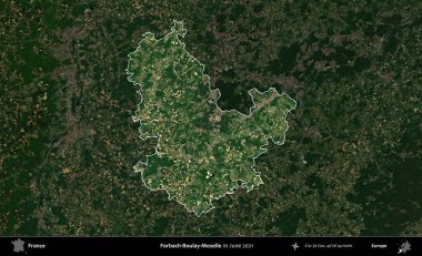 Forbach-Boulay-Moselle. Fransa 'nın idari alanı, Haziran 2021' de çekilen Kopernik Sentinel karolarından oluşan koyu renkli bir uydu görüntüsü üzerinde vurgulandı ve özetlendi.