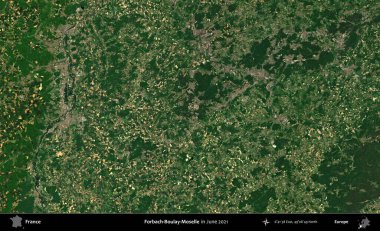 Forbach-Boulay-Moselle. Copernicus Sentinel 'in Haziran 2021' de çekilmiş uydu görüntüsü üzerine Fransa 'nın idari bölgesi.