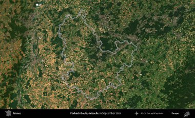 Forbach-Boulay-Moselle. Eylül 2021 'de çekilen Copernicus Sentinel karolarından oluşan bir uydu görüntüsünde Fransa' nın idari bölgesinin ana hatlarını çizdim.