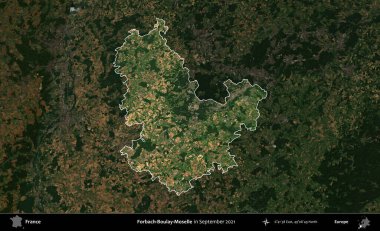 Forbach-Boulay-Moselle. Fransa 'nın idari alanı, Eylül 2021' de çekilen Kopernik Sentinel karolarından oluşan koyu renkli bir uydu görüntüsü üzerinde vurgulandı ve özetlendi.