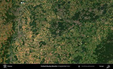 Forbach-Boulay-Moselle. Copernicus Sentinel 'in Eylül 2021' de çekilmiş uydu görüntüsü üzerine Fransa 'nın idari bölgesi.