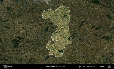 Fougeres-Vitre. Fransa 'nın idari alanı, Mayıs 2020' de çekilen Kopernik Nöbetçi karolarından oluşan koyu renkli bir uydu görüntüsü üzerinde vurgulandı ve özetlendi.