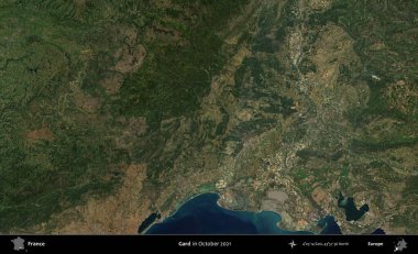 Gard. Copernicus Sentinel 'in Ekim 2021' de çekilmiş uydu görüntüsü üzerine Fransa 'nın idari bölgesi.