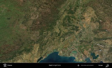 Gard. Copernicus Sentinel 'in Nisan 2022' de çekilmiş uydu görüntüsü üzerine Fransa 'nın idari bölgesi.