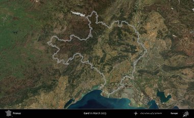 Gard. Mart 2023 'te çekilen Copernicus Sentinel karolarından oluşan bir uydu görüntüsünde Fransa' nın idari bölgesinin ana hatları belirlendi.
