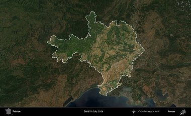 Gard. Fransa 'nın idari alanı, Temmuz 2024' te çekilen Kopernik Nöbetçi karolarından oluşan koyu renkli bir uydu görüntüsüyle vurgulandı ve özetlendi.