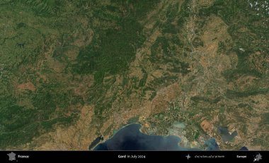 Gard. Copernicus Sentinel 'in Temmuz 2024' te çekilmiş uydu görüntüsü üzerine Fransa 'nın idari bölgesi