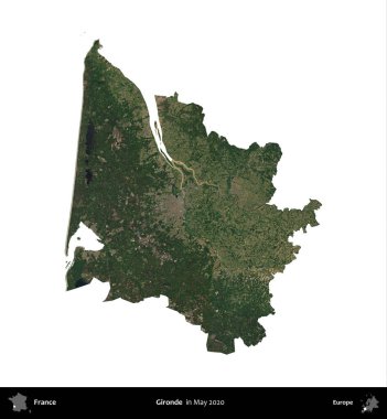 Gironde. Fransa 'nın idari bölgesi, Mayıs 2020' de çekilen Kopernik Nöbetçi karolarından oluşan bir uydu görüntüsüyle beyaza izole edildi.