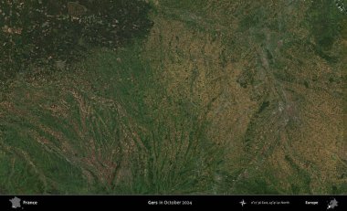 Gers. Copernicus Sentinel 'in Ekim 2024' te çekilmiş uydu görüntüsü üzerine Fransa 'nın idari bölgesi.