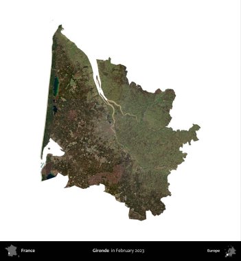 Gironde. Fransa 'nın idari bölgesi, Şubat 2023' te çekilen Kopernik Nöbetçi karolarından oluşan bir uydu görüntüsüyle beyaza izole edildi.