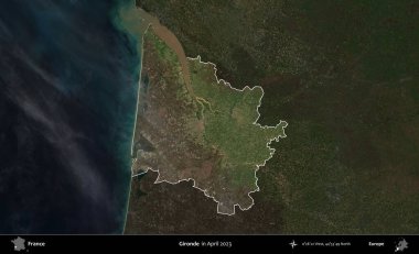 Gironde. Fransa 'nın idari alanı, Nisan 2023' te çekilen Kopernik Nöbetçi karolarından oluşan koyu renkli bir uydu görüntüsü üzerinde vurgulandı ve özetlendi.