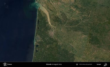 Gironde. Copernicus Sentinel 'in Ağustos 2024' te çekilmiş uydu görüntüsü üzerine Fransa 'nın idari bölgesi.