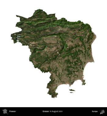 Grasse. Fransa 'nın idari bölgesi, Ağustos 2021' de çekilen Kopernik Nöbetçi karolarından oluşan bir uydu görüntüsüyle beyaza izole edildi.