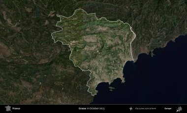Grasse. Fransa 'nın idari alanı, Ekim 2023' te çekilen Kopernik Nöbetçi karolarından oluşan koyu renkli bir uydu görüntüsü üzerinde vurgulandı ve özetlendi.