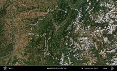 Grenoble. Eylül 2020 'de çekilen Copernicus Sentinel karolarından oluşan bir uydu görüntüsünde Fransa' nın idari bölgesinin ana hatlarını çizdim.
