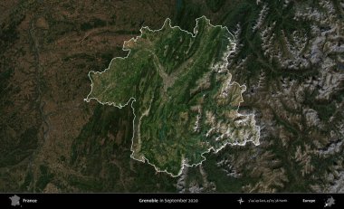 Grenoble. Fransa 'nın idari alanı, Eylül 2020' de çekilen Kopernik Nöbetçi karolarından oluşan koyu renkli bir uydu görüntüsü üzerinde vurgulandı ve özetlendi.