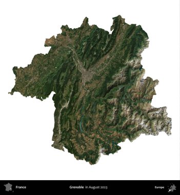 Grenoble. Fransa 'nın idari bölgesi, Ağustos 2023' te çekilen Kopernik Nöbetçi karolarından oluşan bir uydu görüntüsüyle beyaza izole edildi.