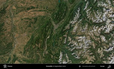 Grenoble. Copernicus Sentinel 'in Eylül 2020' de çekilmiş uydu görüntüsü üzerine Fransa 'nın idari bölgesi.