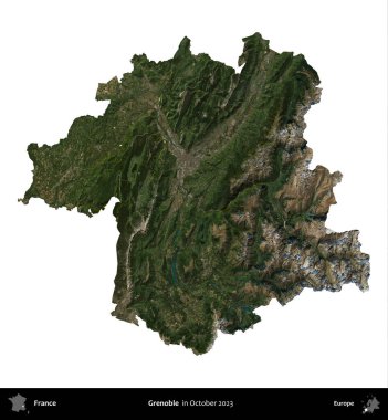 Grenoble. Fransa 'nın idari bölgesi, Ekim 2023' te çekilen Kopernik Nöbetçi karolarından oluşan bir uydu görüntüsüyle beyaza izole edildi.