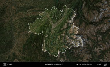 Grenoble. Fransa 'nın idari alanı, Ekim 2023' te çekilen Kopernik Nöbetçi karolarından oluşan koyu renkli bir uydu görüntüsü üzerinde vurgulandı ve özetlendi.